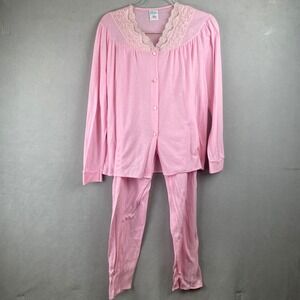 Vintage Prestige Sleepwear Pink Pajama Set Lace Trim Girly Button Up Top Pants M